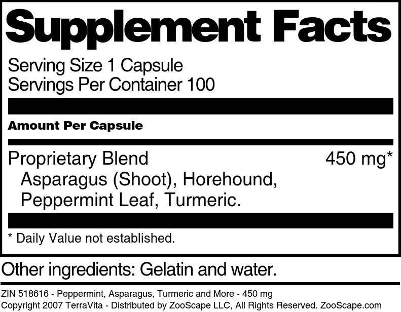 Peppermint, Asparagus, Turmeric and More - 450 mg - Supplement / Nutrition Facts