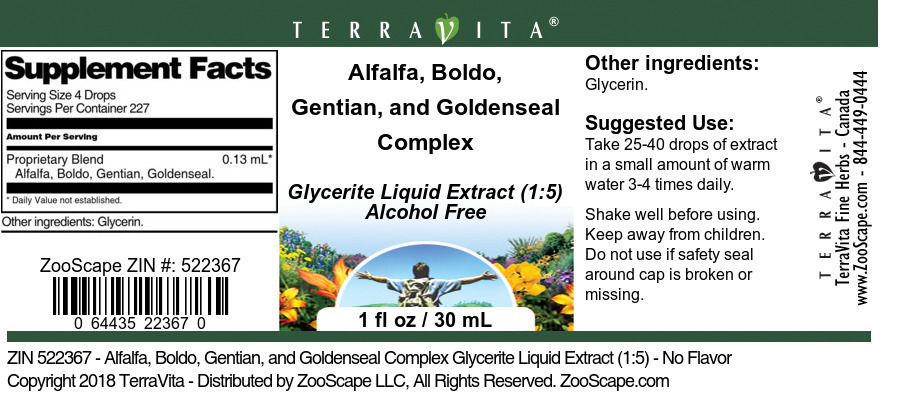 Alfalfa, Boldo, Gentian, and Goldenseal Complex Glycerite Liquid Extract (1:5) - Label