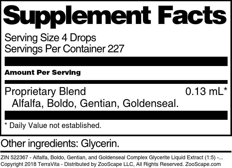 Alfalfa, Boldo, Gentian, and Goldenseal Complex Glycerite Liquid Extract (1:5) - Supplement / Nutrition Facts