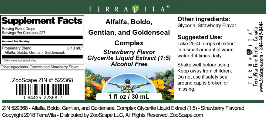 Alfalfa, Boldo, Gentian, and Goldenseal Complex Glycerite Liquid Extract (1:5) - Label