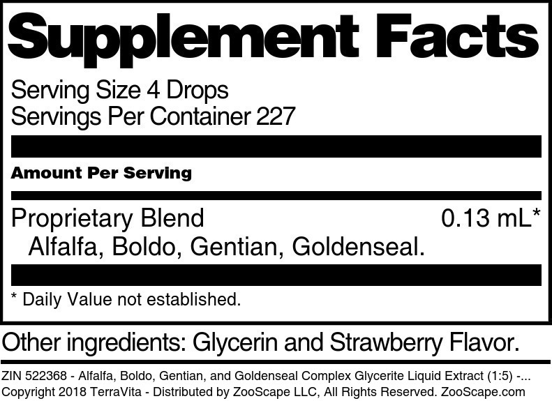 Alfalfa, Boldo, Gentian, and Goldenseal Complex Glycerite Liquid Extract (1:5) - Supplement / Nutrition Facts