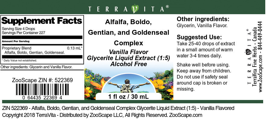 Alfalfa, Boldo, Gentian, and Goldenseal Complex Glycerite Liquid Extract (1:5) - Label