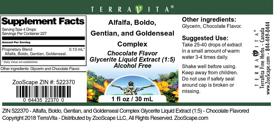 Alfalfa, Boldo, Gentian, and Goldenseal Complex Glycerite Liquid Extract (1:5) - Label