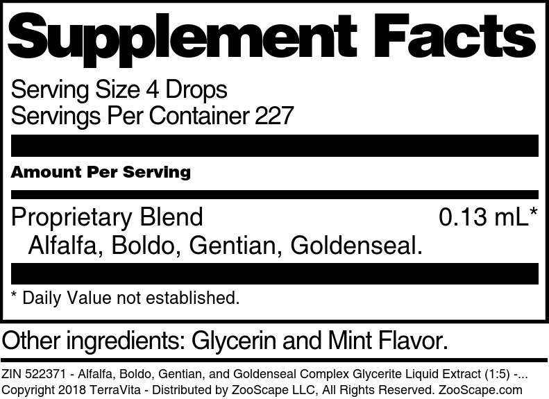 Alfalfa, Boldo, Gentian, and Goldenseal Complex Glycerite Liquid Extract (1:5) - Supplement / Nutrition Facts