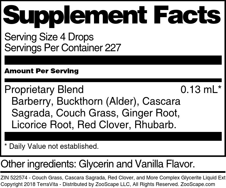 Couch Grass, Cascara Sagrada, Red Clover, and More Complex Glycerite Liquid Extract (1:5) - Supplement / Nutrition Facts