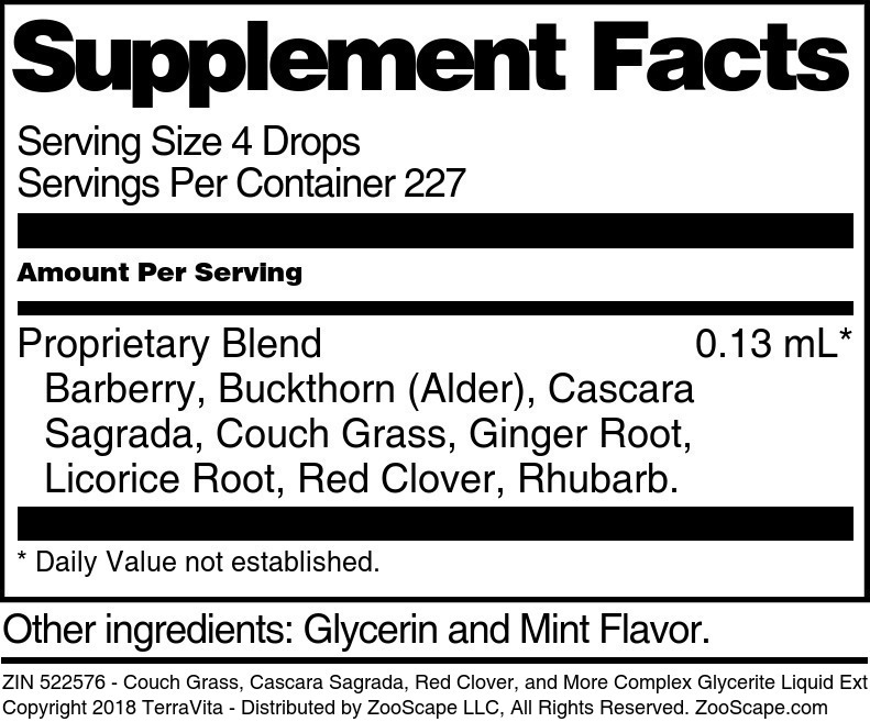 Couch Grass, Cascara Sagrada, Red Clover, and More Complex Glycerite Liquid Extract (1:5) - Supplement / Nutrition Facts