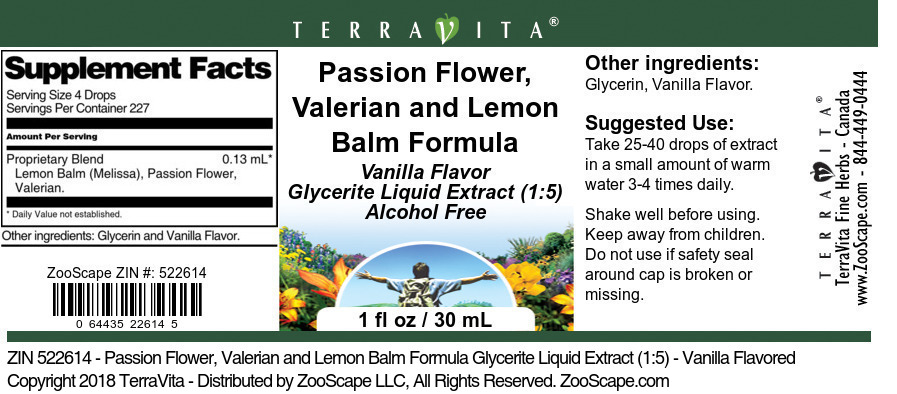 Passion Flower, Valerian and Lemon Balm Formula Glycerite Liquid Extract (1:5) - Label