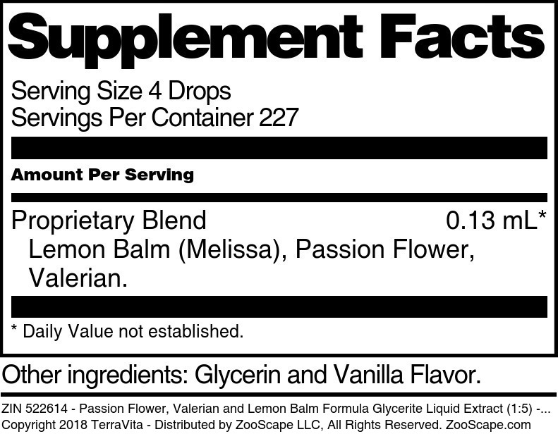 Passion Flower, Valerian and Lemon Balm Formula Glycerite Liquid Extract (1:5) - Supplement / Nutrition Facts