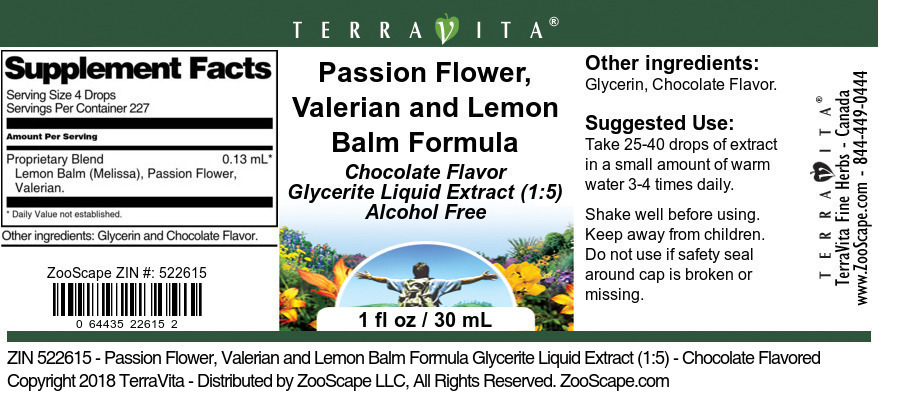 Passion Flower, Valerian and Lemon Balm Formula Glycerite Liquid Extract (1:5) - Label