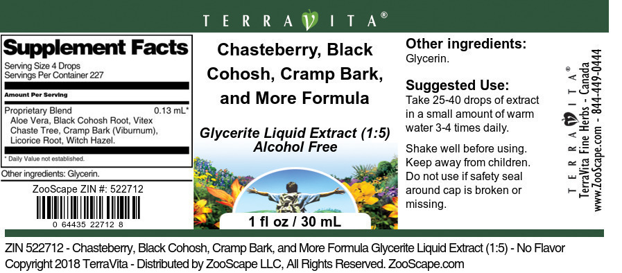Chasteberry, Black Cohosh, Cramp Bark, and More Formula Glycerite Liquid Extract (1:5) - Label