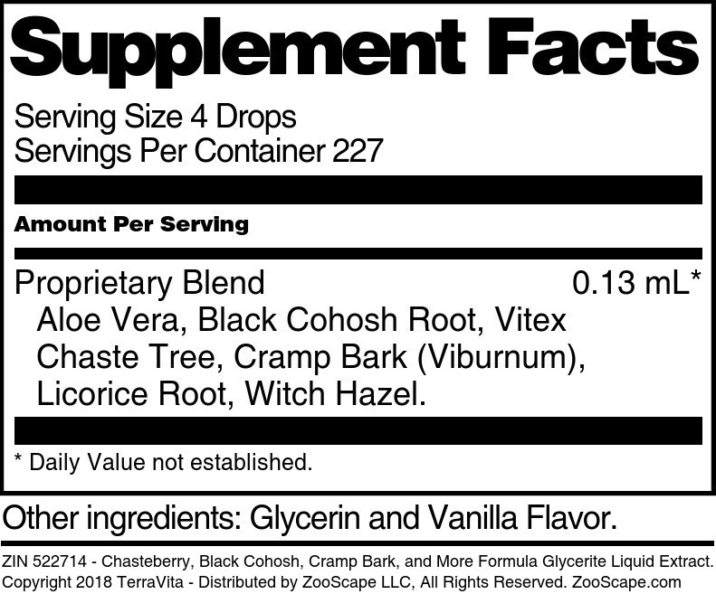 Chasteberry, Black Cohosh, Cramp Bark, and More Formula Glycerite Liquid Extract (1:5) - Supplement / Nutrition Facts