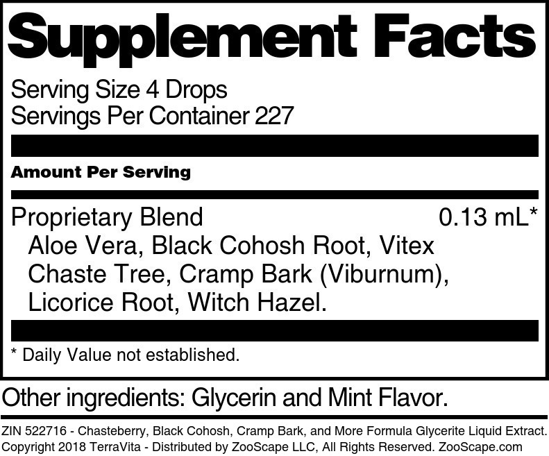 Chasteberry, Black Cohosh, Cramp Bark, and More Formula Glycerite Liquid Extract (1:5) - Supplement / Nutrition Facts