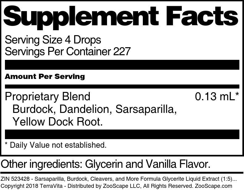 Sarsaparilla, Burdock, Cleavers, and More Formula Glycerite Liquid Extract (1:5) - Supplement / Nutrition Facts