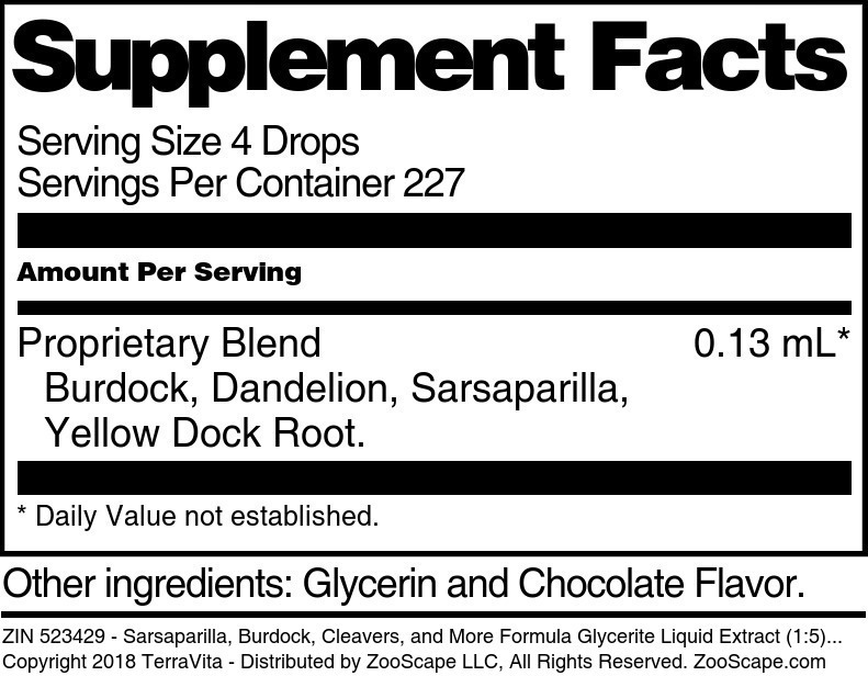 Sarsaparilla, Burdock, Cleavers, and More Formula Glycerite Liquid Extract (1:5) - Supplement / Nutrition Facts
