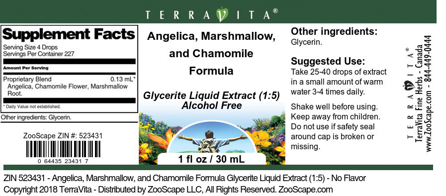 Angelica, Marshmallow, and Chamomile Formula Glycerite Liquid Extract (1:5) - Label