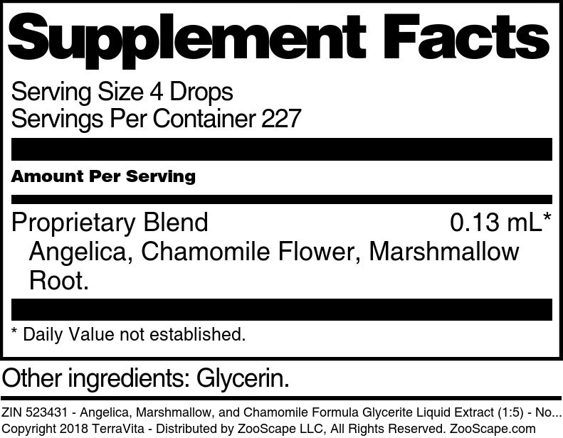 Angelica, Marshmallow, and Chamomile Formula Glycerite Liquid Extract (1:5) - Supplement / Nutrition Facts