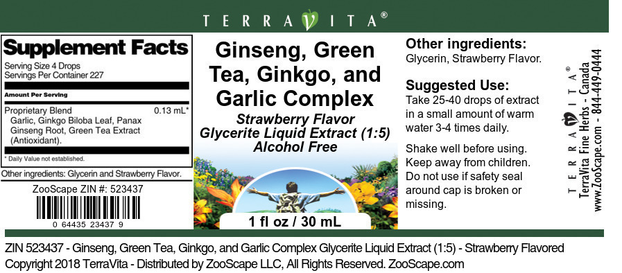 Ginseng, Green Tea, Ginkgo, and Garlic Complex Glycerite Liquid Extract (1:5) - Label