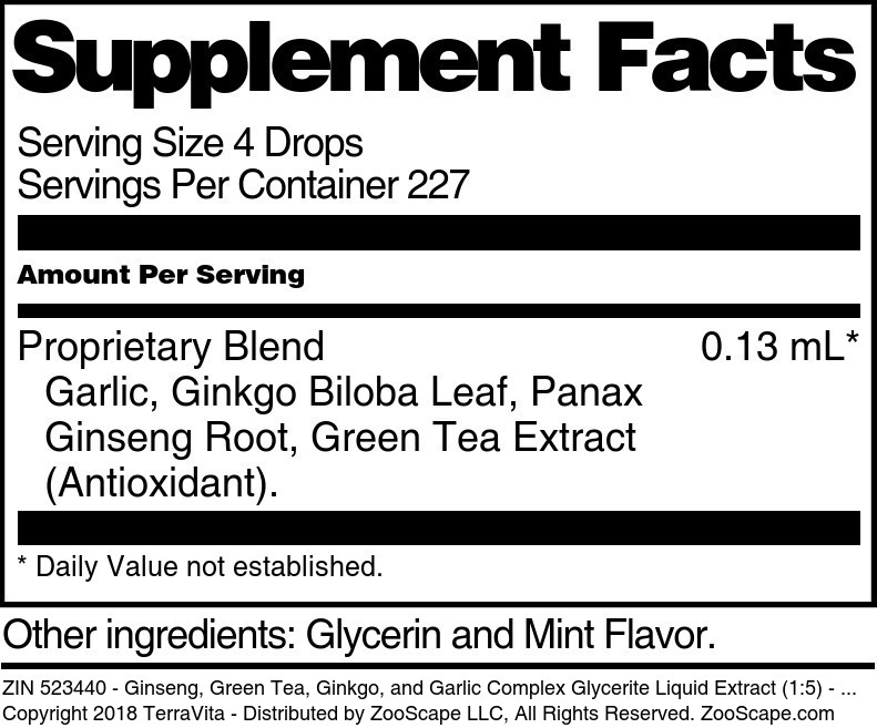 Ginseng, Green Tea, Ginkgo, and Garlic Complex Glycerite Liquid Extract (1:5) - Supplement / Nutrition Facts