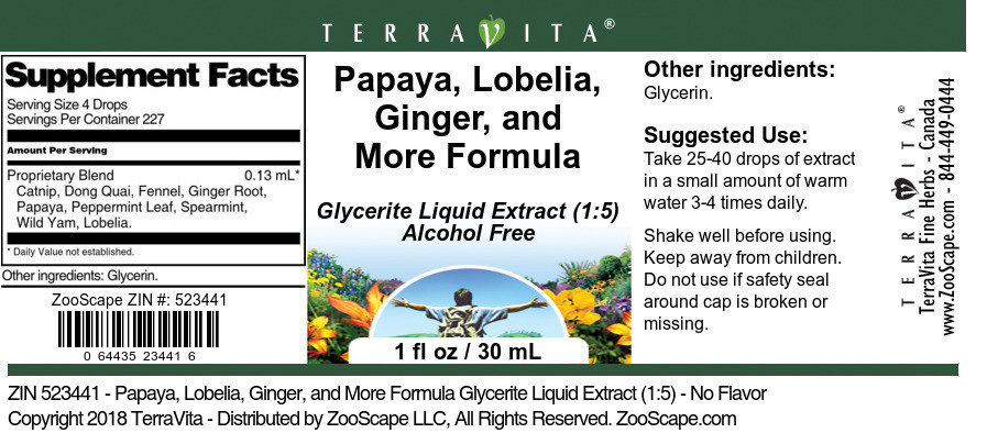 Papaya, Lobelia, Ginger, and More Formula Glycerite Liquid Extract (1:5) - Label
