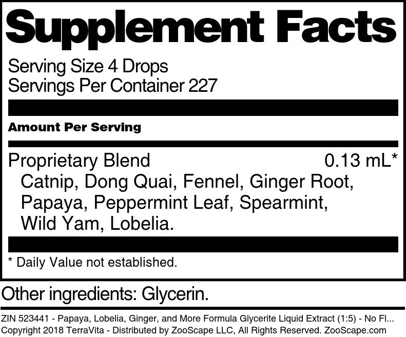 Papaya, Lobelia, Ginger, and More Formula Glycerite Liquid Extract (1:5) - Supplement / Nutrition Facts