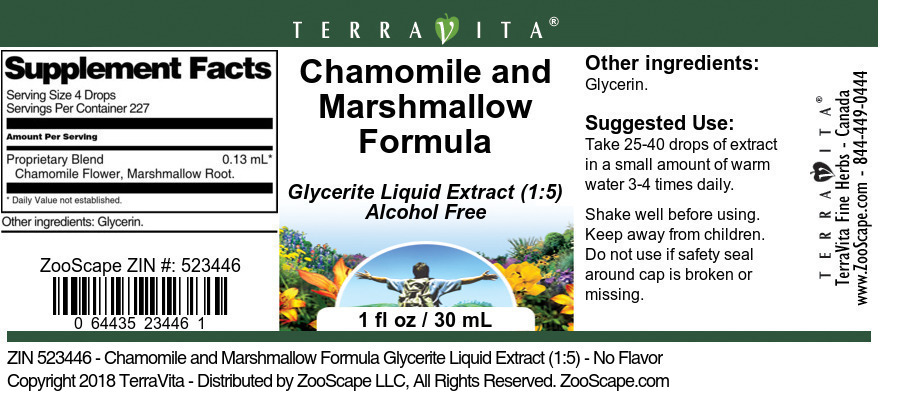 Chamomile and Marshmallow Formula Glycerite Liquid Extract (1:5) - Label