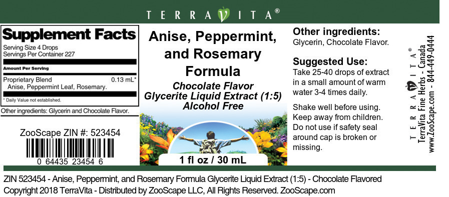 Anise, Peppermint, and Rosemary Formula Glycerite Liquid Extract (1:5) - Label