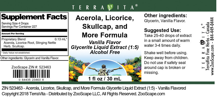 Acerola, Licorice, Skullcap, and More Formula Glycerite Liquid Extract (1:5) - Label