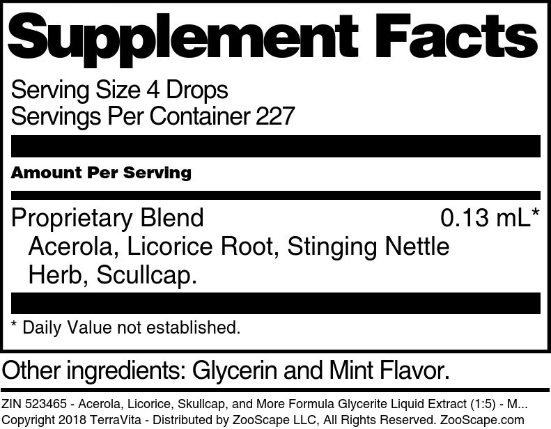 Acerola, Licorice, Skullcap, and More Formula Glycerite Liquid Extract (1:5) - Supplement / Nutrition Facts