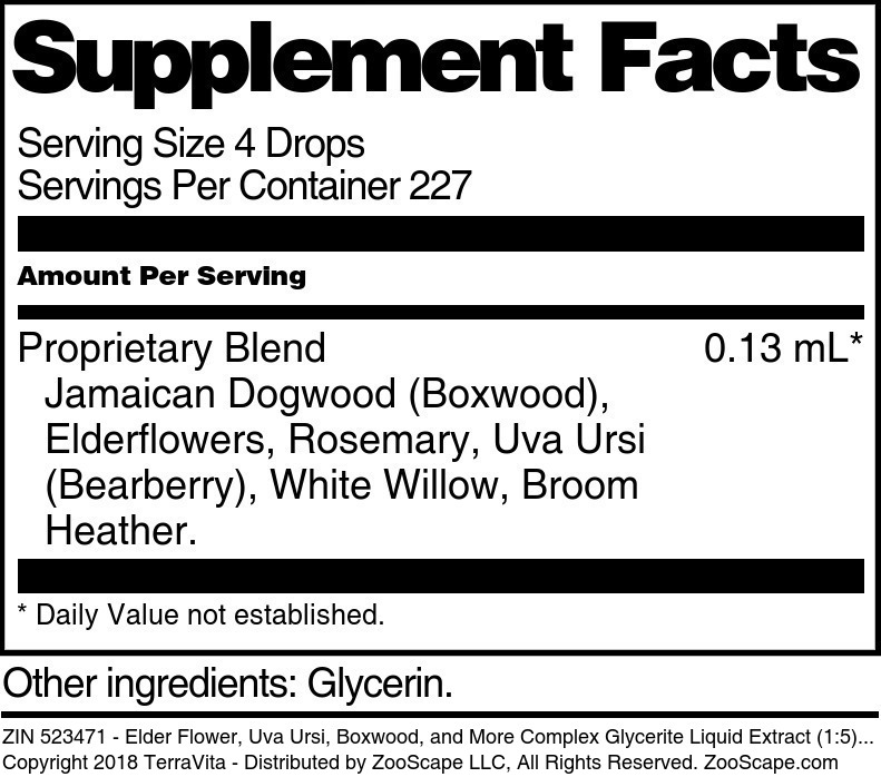 Elder Flower, Uva Ursi, Boxwood, and More Complex Glycerite Liquid Extract (1:5) - Supplement / Nutrition Facts