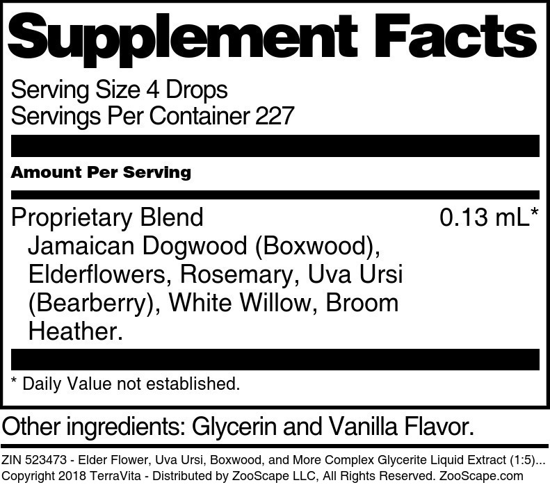 Elder Flower, Uva Ursi, Boxwood, and More Complex Glycerite Liquid Extract (1:5) - Supplement / Nutrition Facts