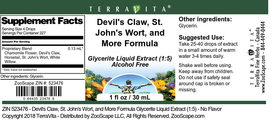 Devil's Claw, St. John's Wort, and More Formula Glycerite Liquid Extract (1:5) - Label