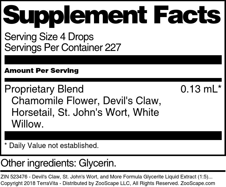 Devil's Claw, St. John's Wort, and More Formula Glycerite Liquid Extract (1:5) - Supplement / Nutrition Facts
