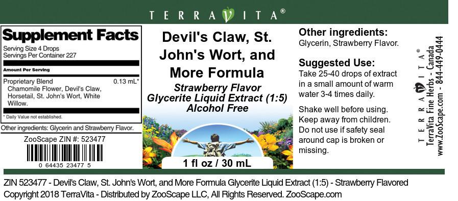 Devil's Claw, St. John's Wort, and More Formula Glycerite Liquid Extract (1:5) - Label