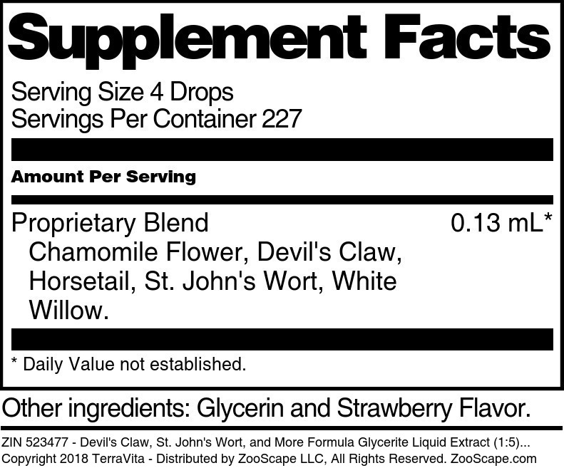 Devil's Claw, St. John's Wort, and More Formula Glycerite Liquid Extract (1:5) - Supplement / Nutrition Facts