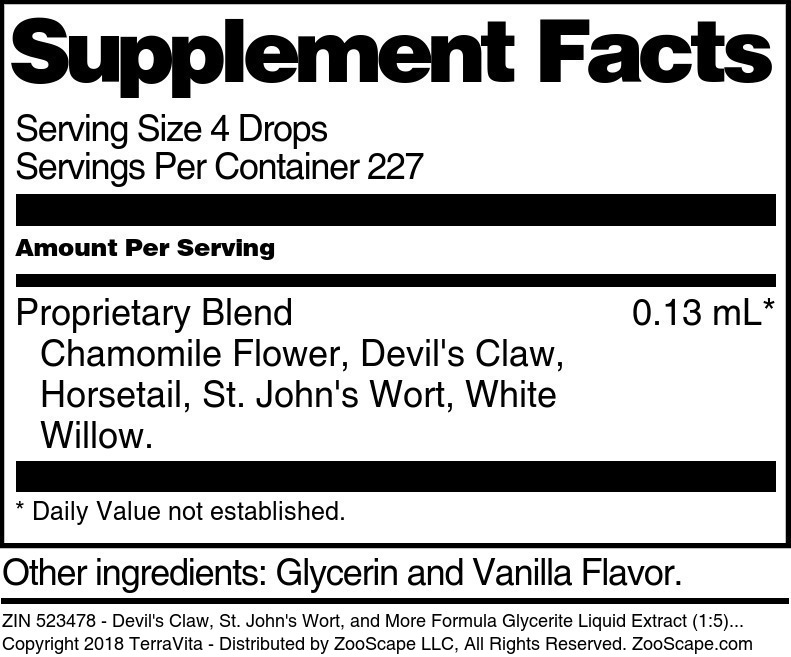 Devil's Claw, St. John's Wort, and More Formula Glycerite Liquid Extract (1:5) - Supplement / Nutrition Facts