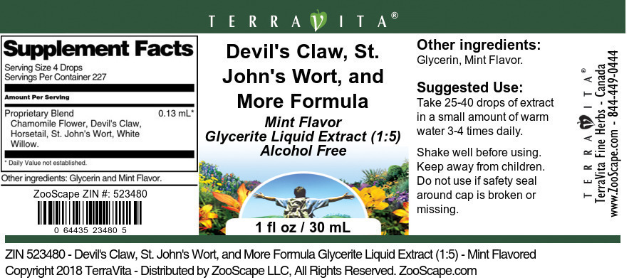 Devil's Claw, St. John's Wort, and More Formula Glycerite Liquid Extract (1:5) - Label