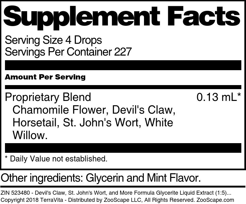 Devil's Claw, St. John's Wort, and More Formula Glycerite Liquid Extract (1:5) - Supplement / Nutrition Facts