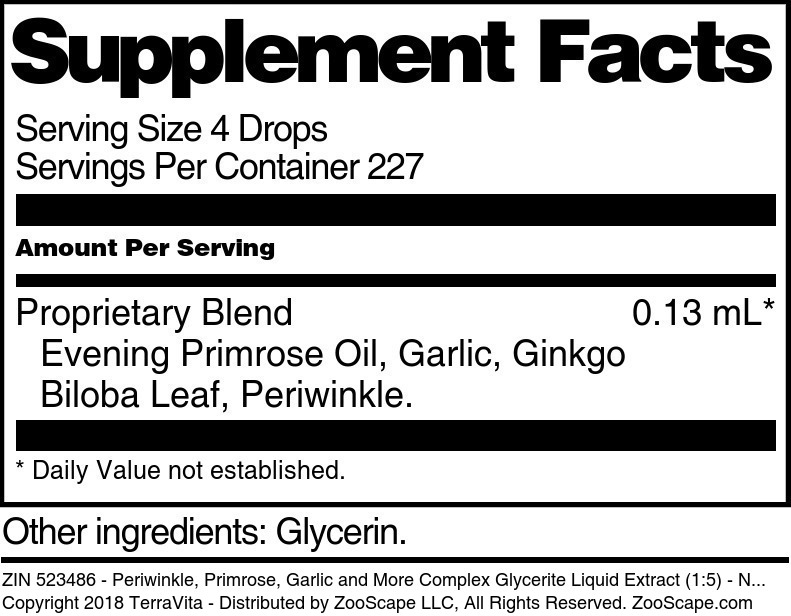 Periwinkle, Primrose, Garlic and More Complex Glycerite Liquid Extract (1:5) - Supplement / Nutrition Facts