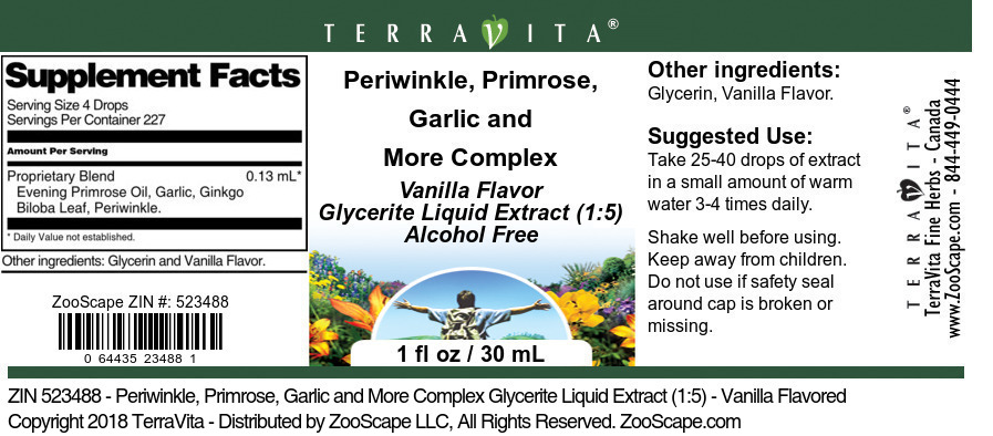 Periwinkle, Primrose, Garlic and More Complex Glycerite Liquid Extract (1:5) - Label