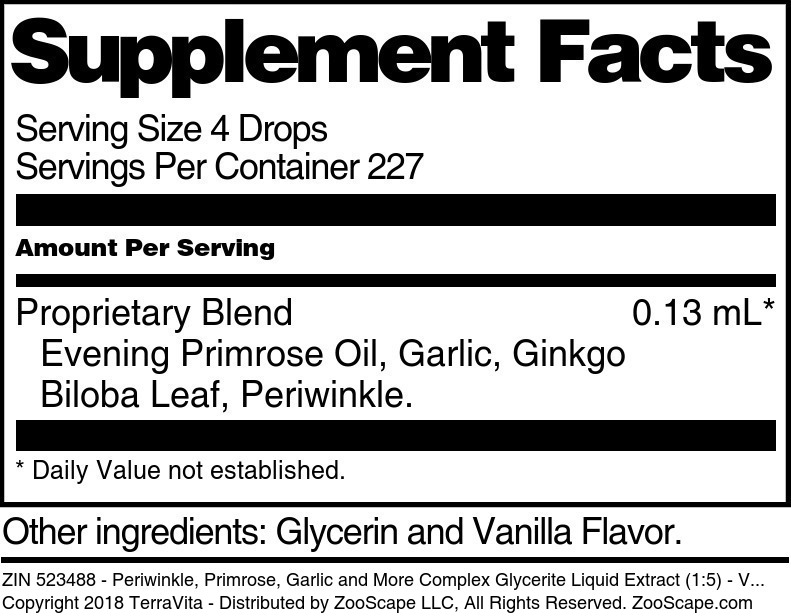 Periwinkle, Primrose, Garlic and More Complex Glycerite Liquid Extract (1:5) - Supplement / Nutrition Facts