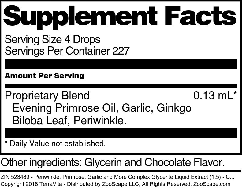 Periwinkle, Primrose, Garlic and More Complex Glycerite Liquid Extract (1:5) - Supplement / Nutrition Facts