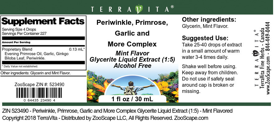 Periwinkle, Primrose, Garlic and More Complex Glycerite Liquid Extract (1:5) - Label