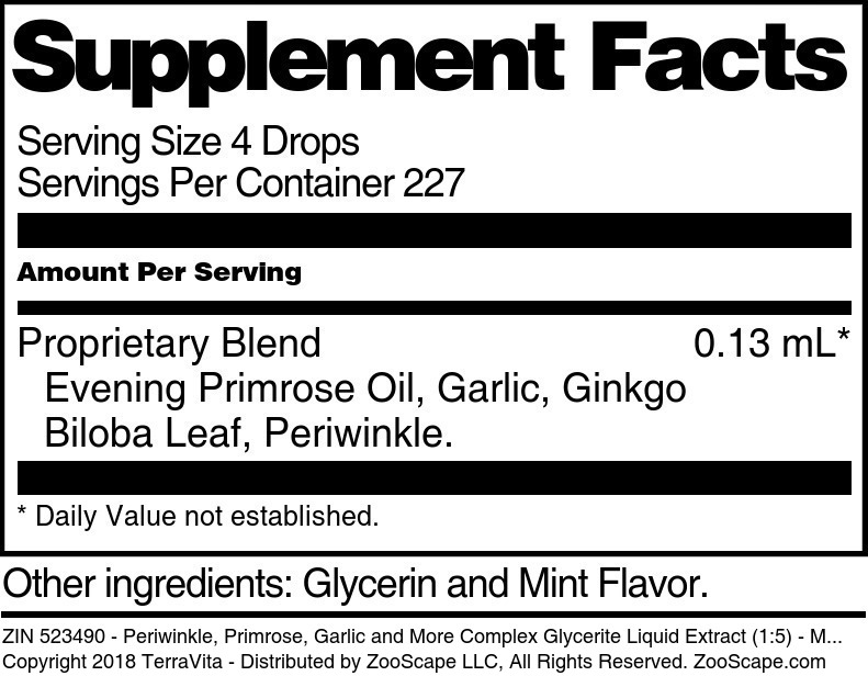 Periwinkle, Primrose, Garlic and More Complex Glycerite Liquid Extract (1:5) - Supplement / Nutrition Facts