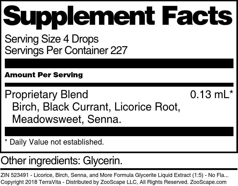 Licorice, Birch, Senna, and More Formula Glycerite Liquid Extract (1:5) - Supplement / Nutrition Facts