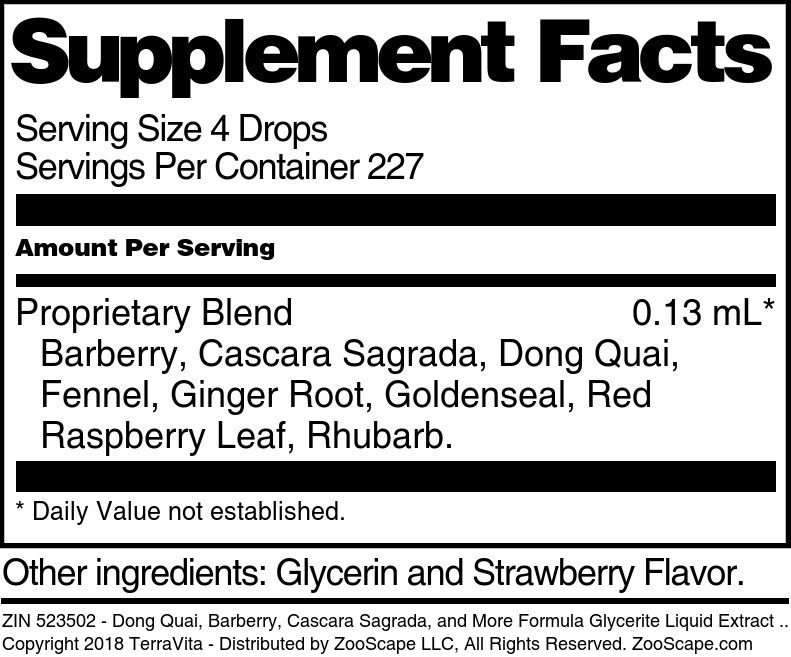 Dong Quai, Barberry, Cascara Sagrada, and More Formula Glycerite Liquid Extract (1:5) - Supplement / Nutrition Facts