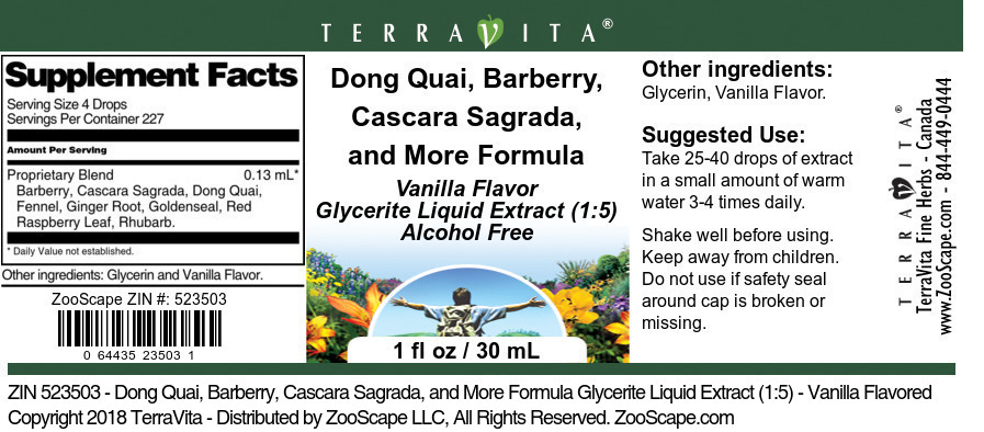 Dong Quai, Barberry, Cascara Sagrada, and More Formula Glycerite Liquid Extract (1:5) - Label