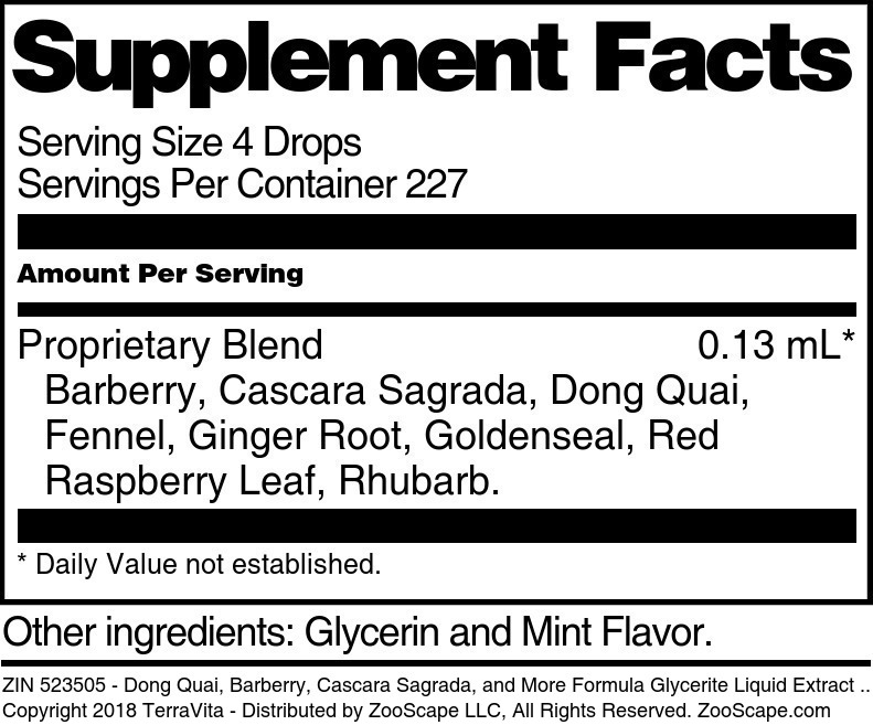 Dong Quai, Barberry, Cascara Sagrada, and More Formula Glycerite Liquid Extract (1:5) - Supplement / Nutrition Facts
