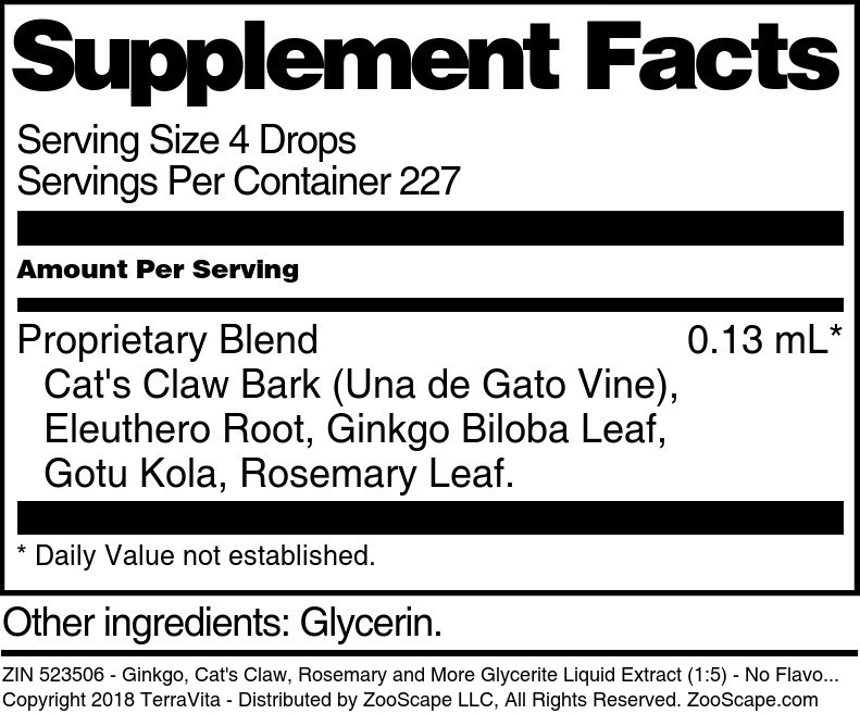 Ginkgo, Cat's Claw, Rosemary and More Glycerite Liquid Extract (1:5) - Supplement / Nutrition Facts