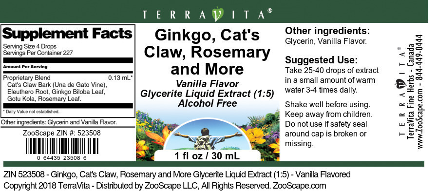 Ginkgo, Cat's Claw, Rosemary and More Glycerite Liquid Extract (1:5) - Label