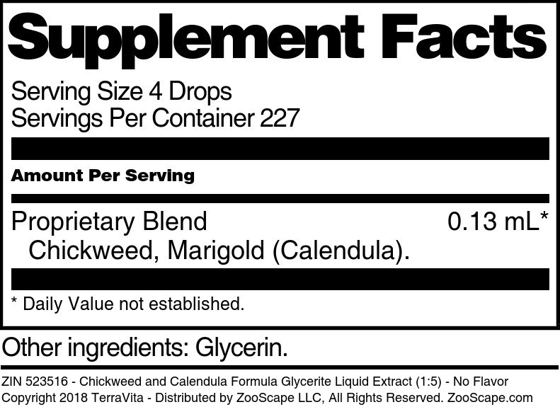 Chickweed and Calendula Formula Glycerite Liquid Extract (1:5) - Supplement / Nutrition Facts